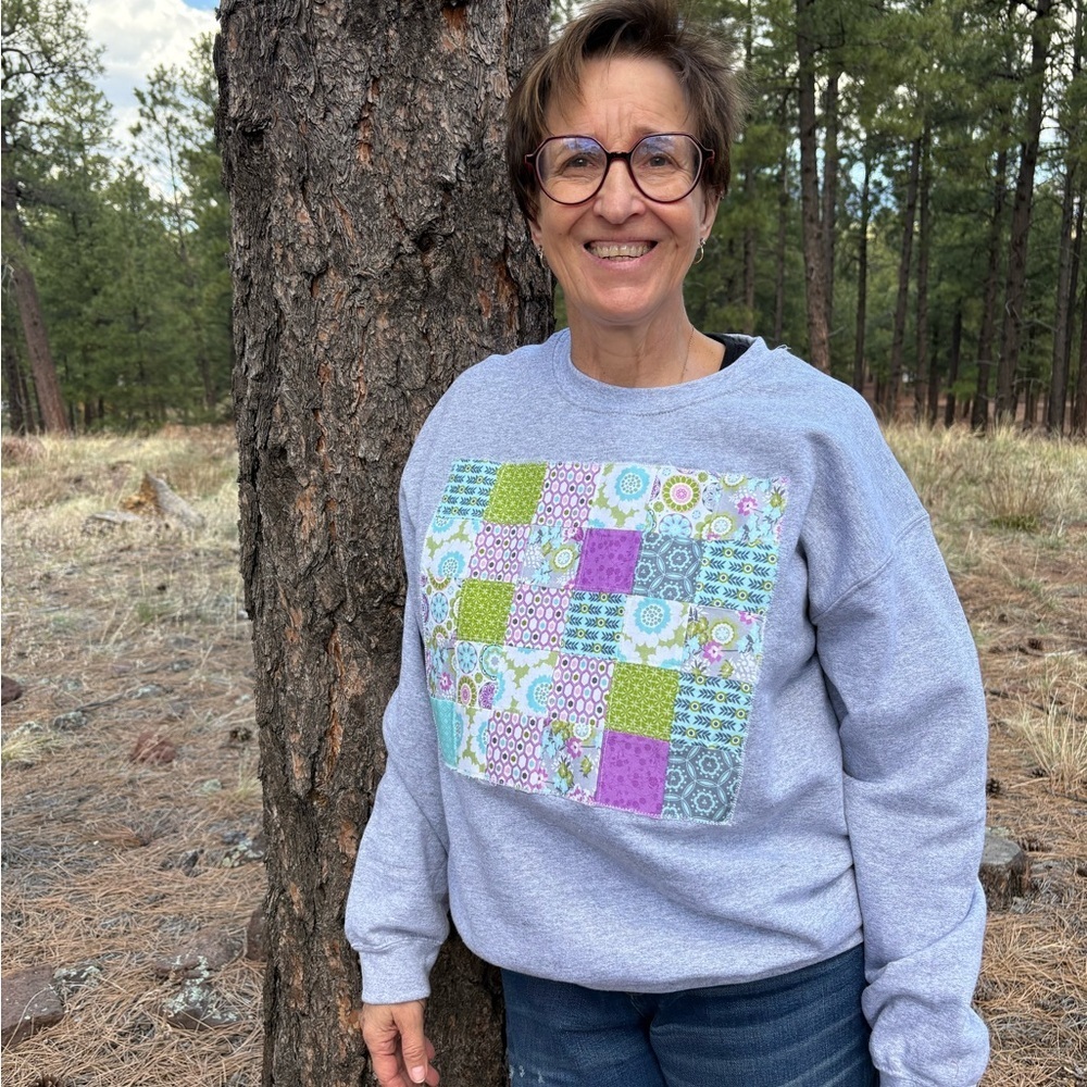 NWOT Hand Crafted gray sweatshirt with quilted patch
